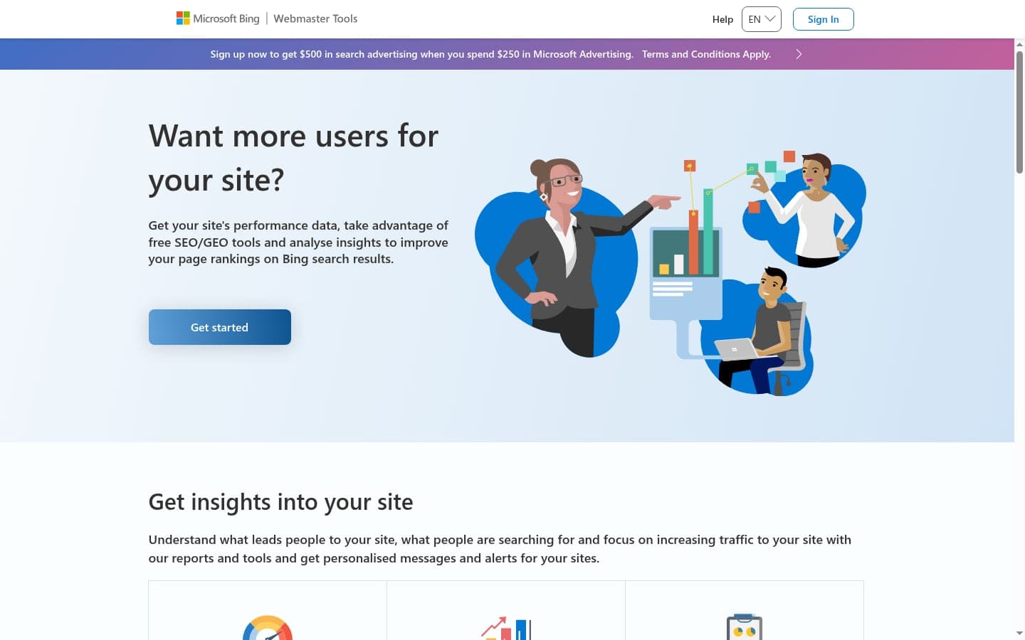 Bing Webmaster Tools public portal showing search diagnostic features