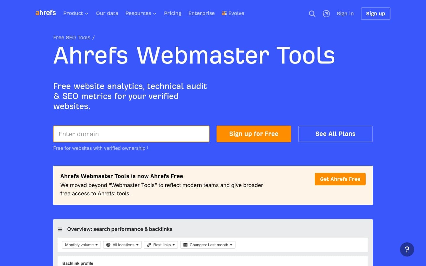 Ahrefs Webmaster Tools landing page highlighting free site audit and backlink checker features