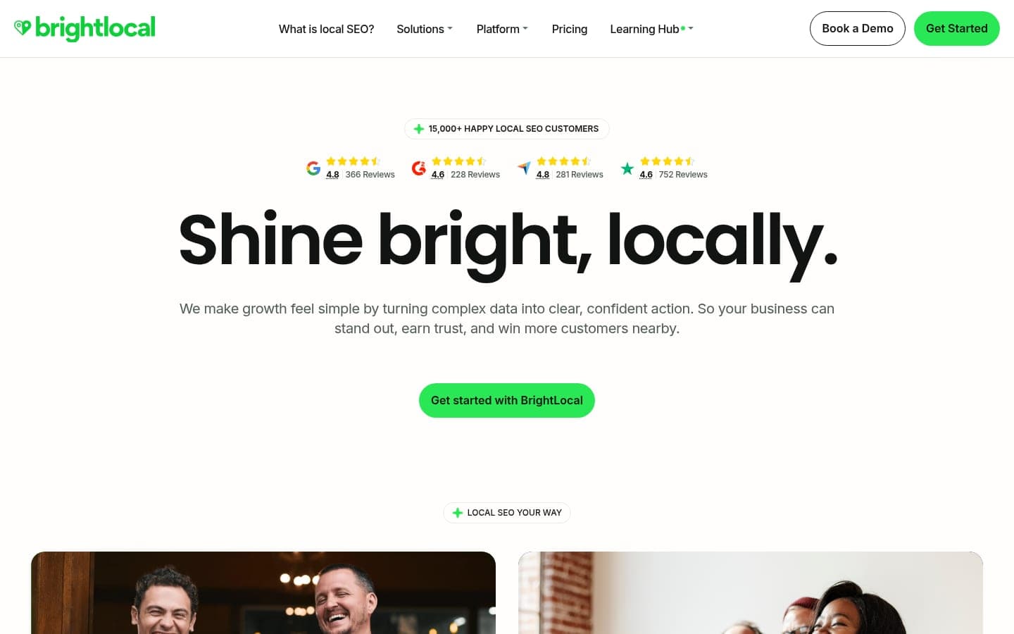 BrightLocal platform homepage showing local SEO tracking features