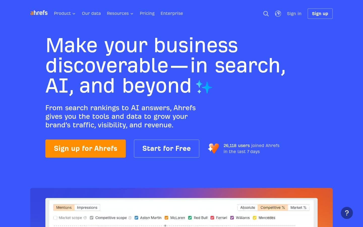Ahrefs homepage highlighting SEO tools for link building and competitive analysis