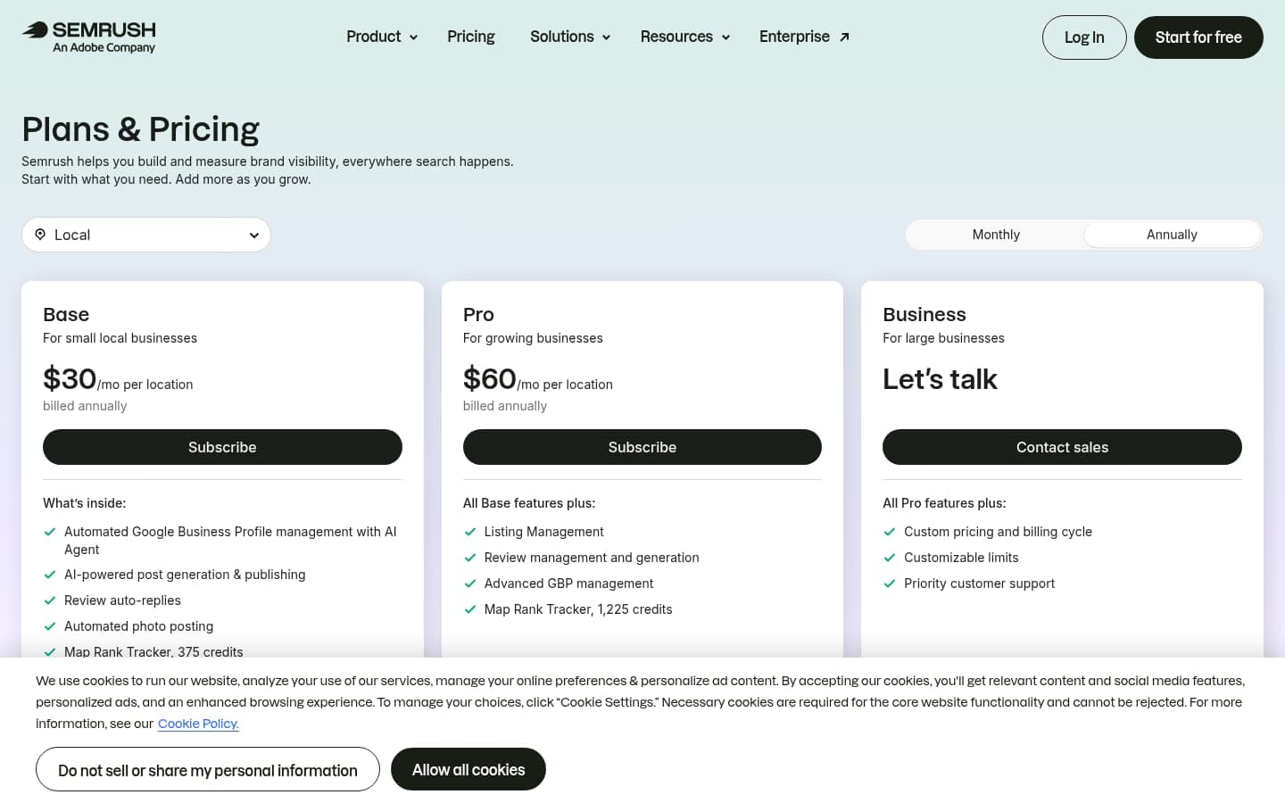 Semrush Local pricing page displaying Base and Pro tier details