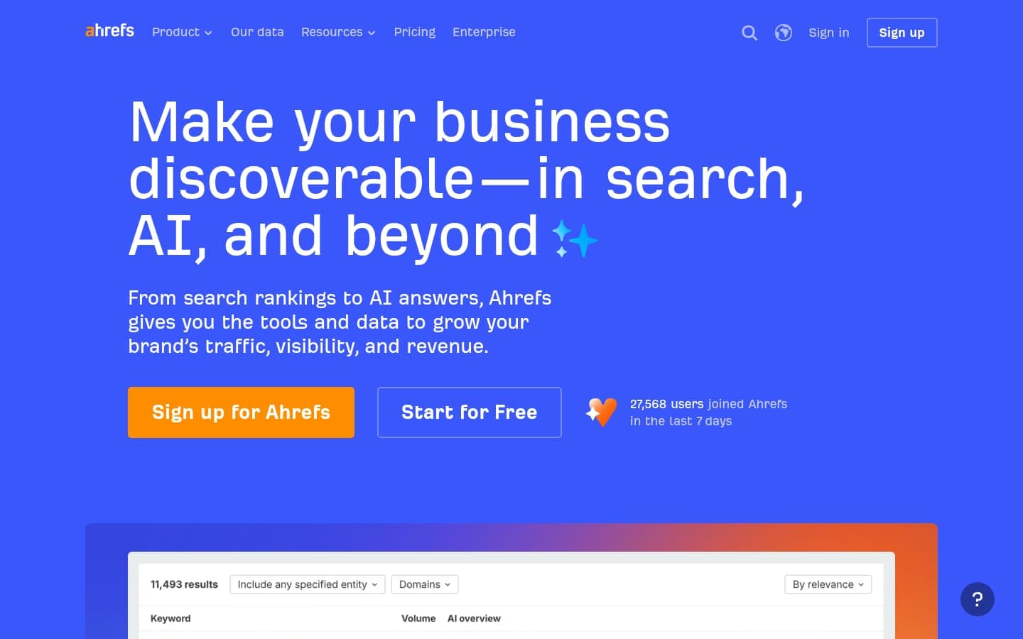 Ahrefs marketing homepage displaying competitive research and organic search analytics features