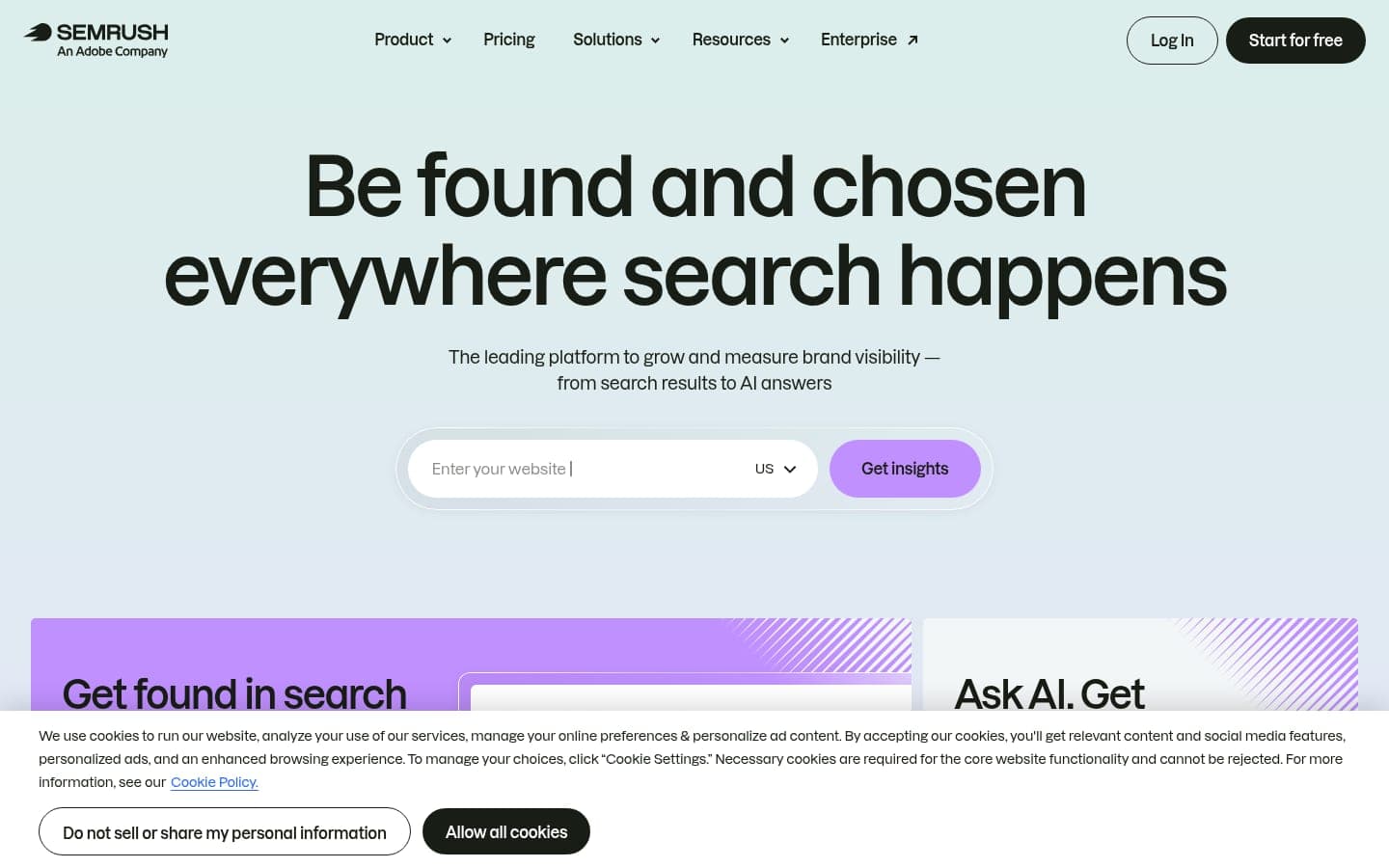 Semrush homepage showing competitive marketing tools and search analytics suite
